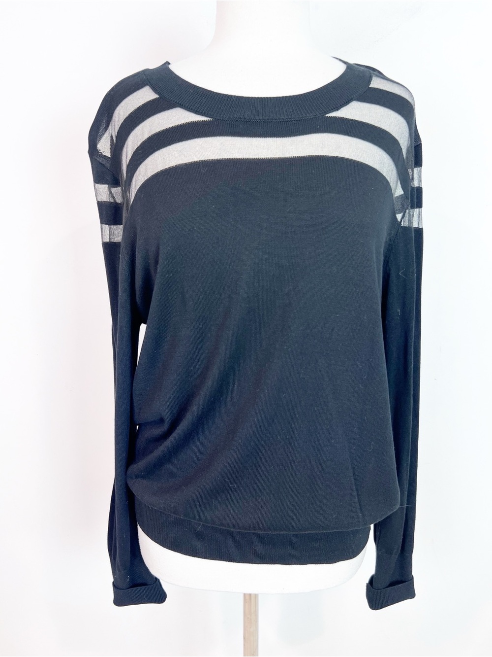 DKNY BLACK LONG SLEEVE MESH STRIPE PULLOVER SWEATER WOMENS SZ XL